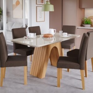 Juego de Comedor MESA CLARA 1600 NATURE_OFFWHITE + 6 CADEIRAS MAIA MASCAVO